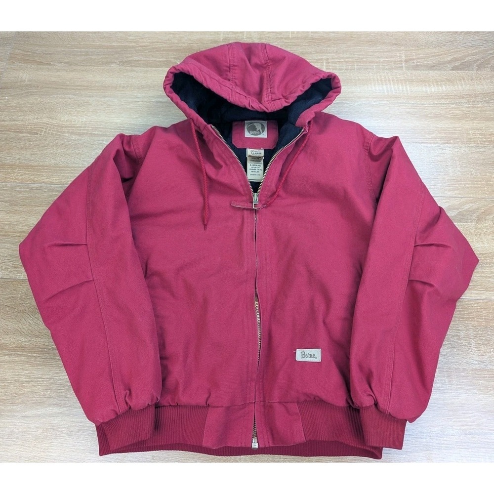 Berne Apparel Jacket Women XL Red Canvas Hooded Work Wear Coat Full Zip Outdoor